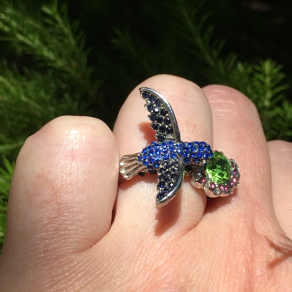 Hummingbird ring Swarovski crystals flower - Picture 3 of 8